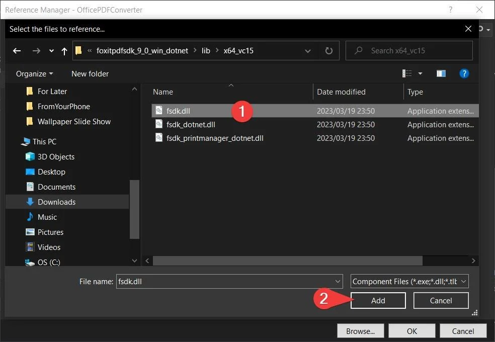 Выбор файла fsdk для проекта Foxit PDF SDK