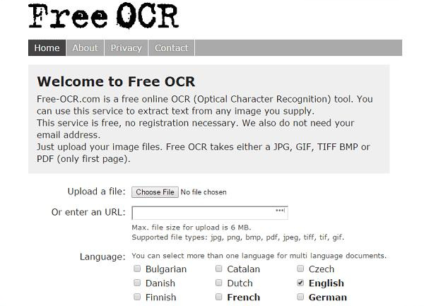 Форма Free-OCR.com с загрузкой файла, адресом изображения и выбором языков
