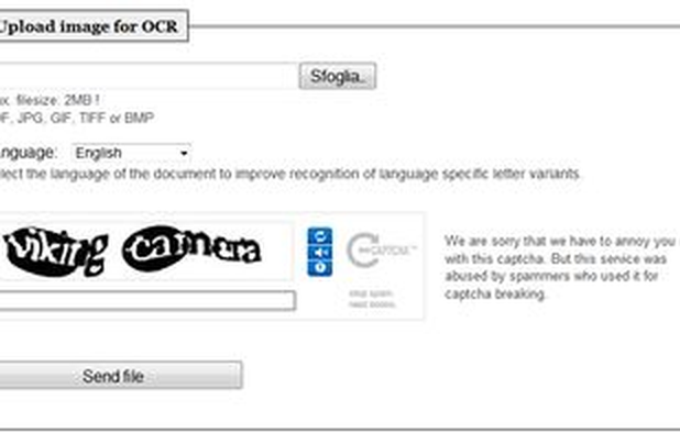 Форма Free-OCR.com с языком, CAPTCHA и кнопкой Send file