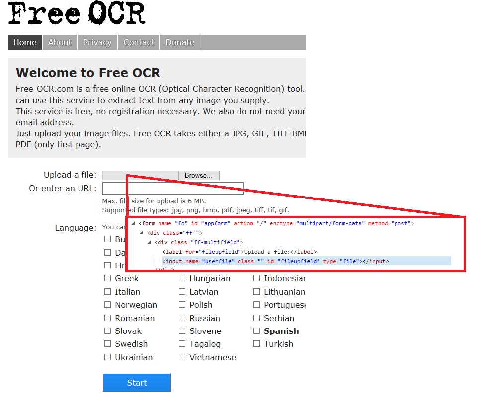 Полная форма Free-OCR.com с перечнем языков и кнопкой Start