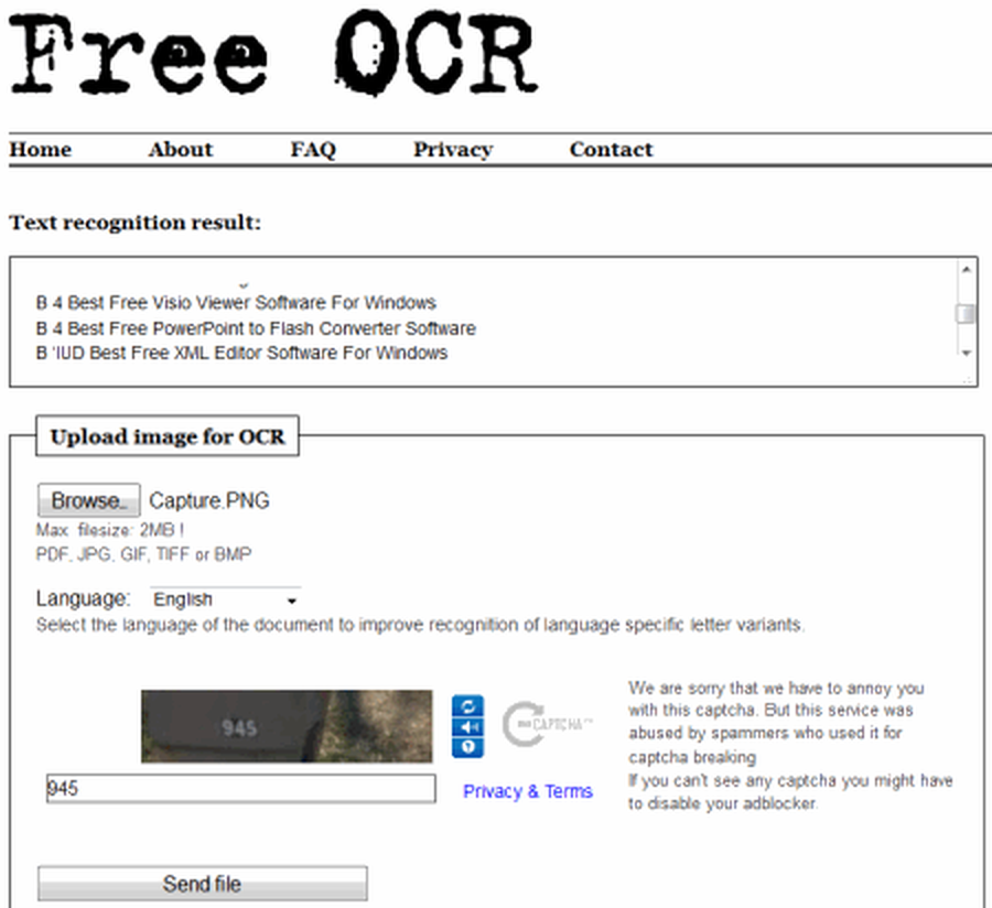Поле Text recognition result над новой формой загрузки Free-OCR.com