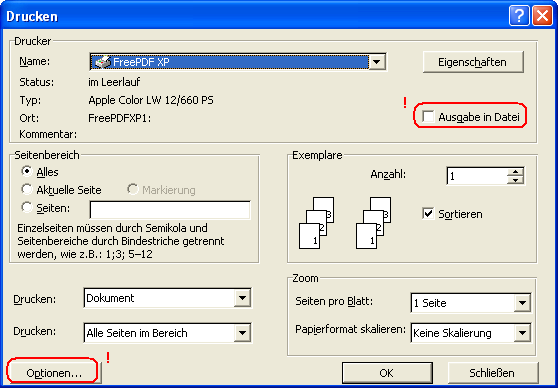Выбор принтера FreePDF XP в диалоге печати Word