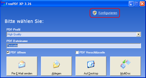 Ссылка на конфигурацию в окне FreePDF XP