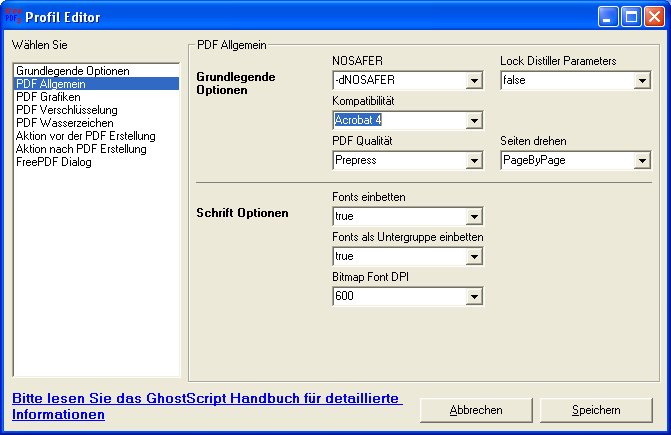 Общие параметры PDF в редакторе профиля FreePDF XP