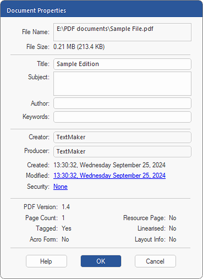 Свойства PDF-документа в FreePDF с метаданными, версией и числом страниц