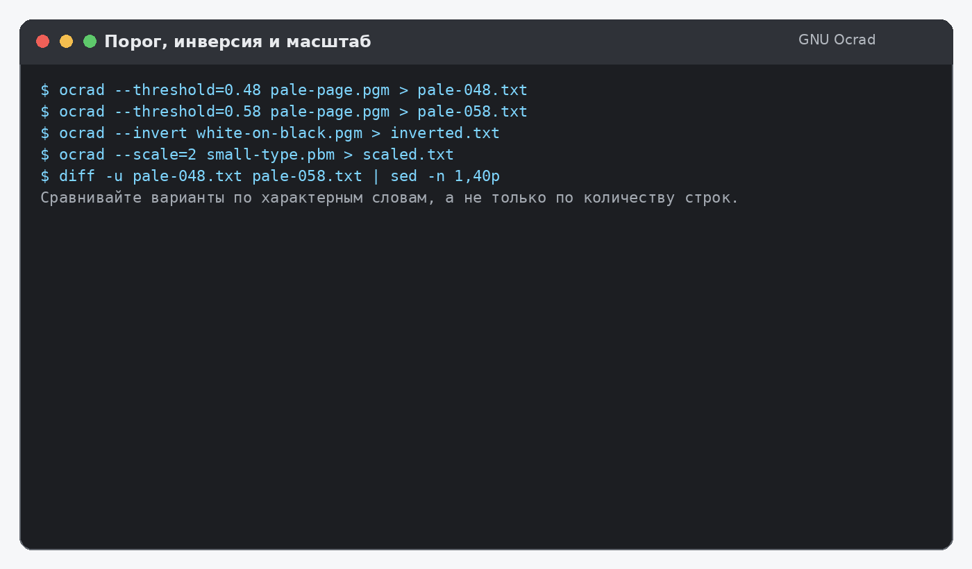 Сравнение порога, инверсии и масштаба в GNU Ocrad