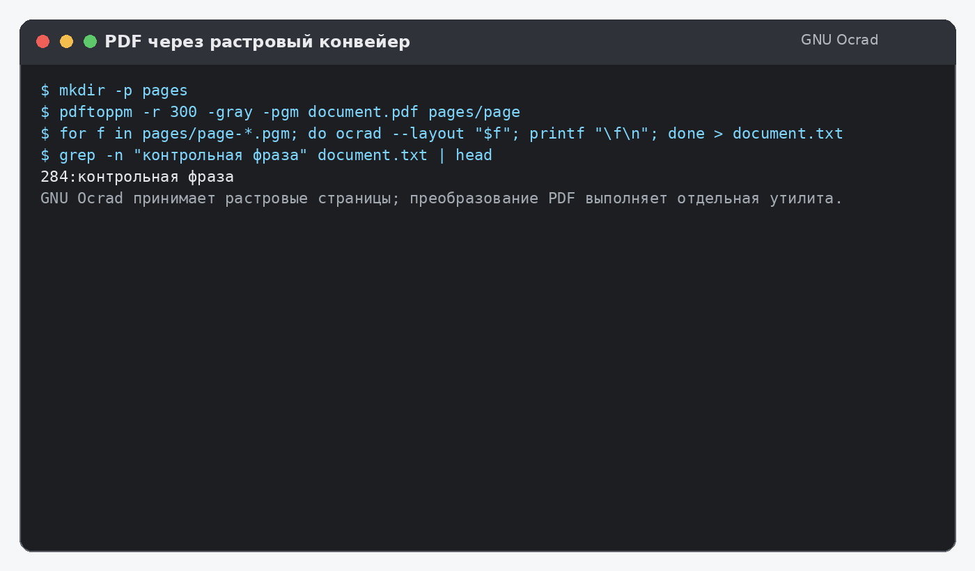 Конвейер распознавания PDF через растровые страницы GNU Ocrad