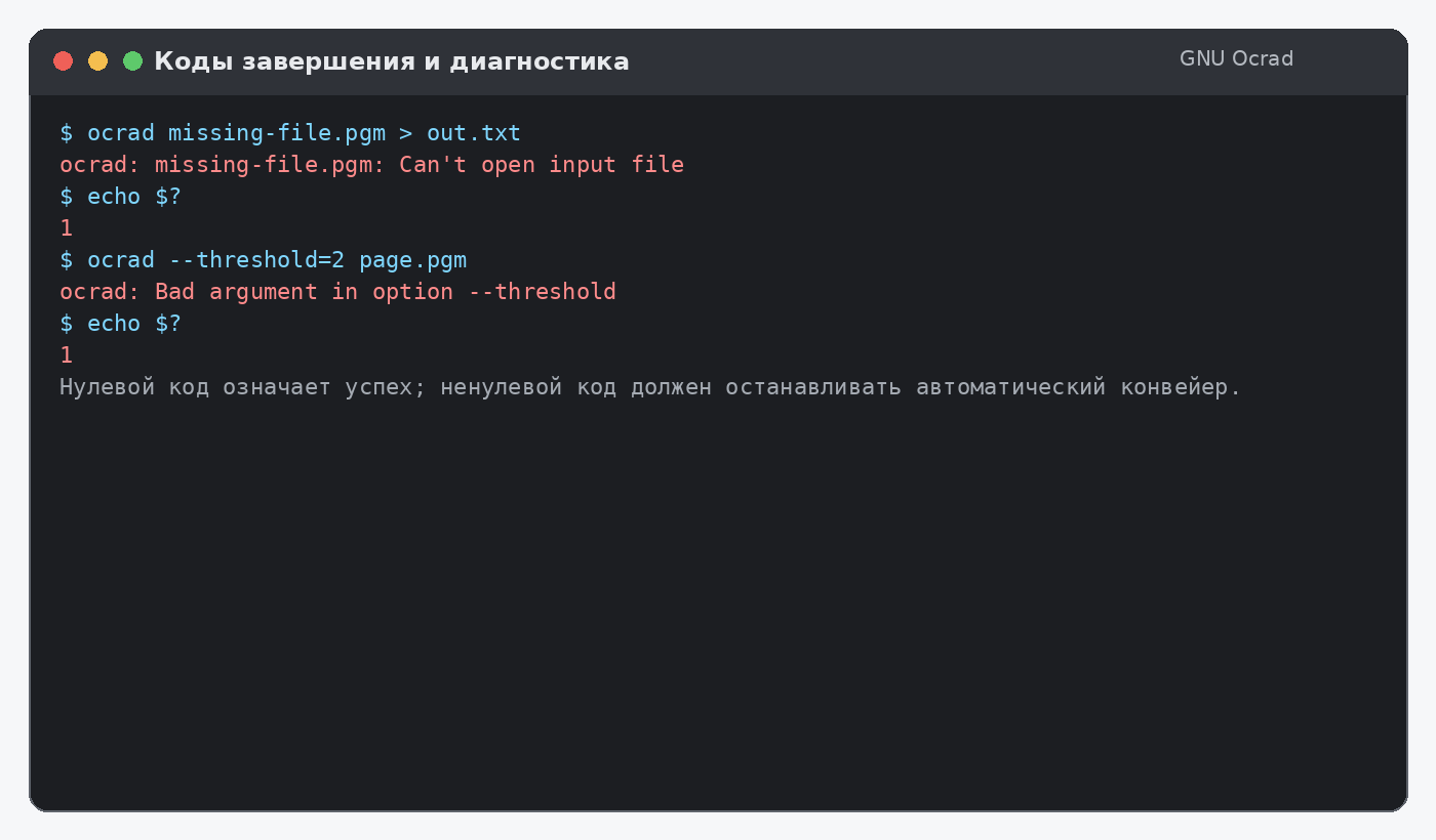 Диагностические сообщения и коды завершения GNU Ocrad