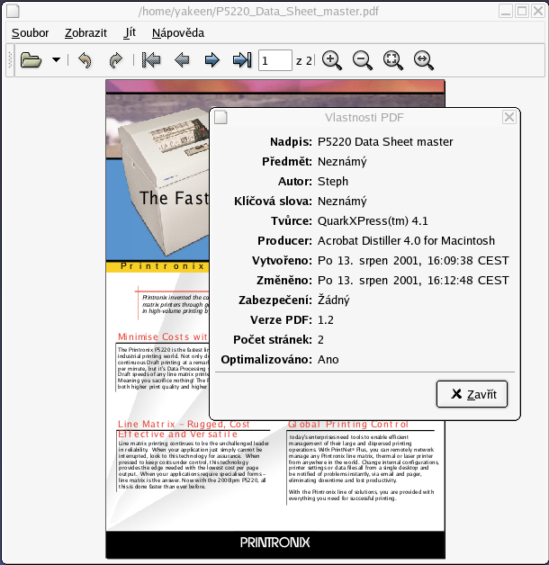 GPDF с открытым диалогом свойств PDF-документа