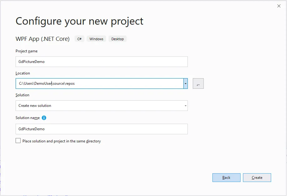 Настройка имени и каталога нового WPF-проекта
