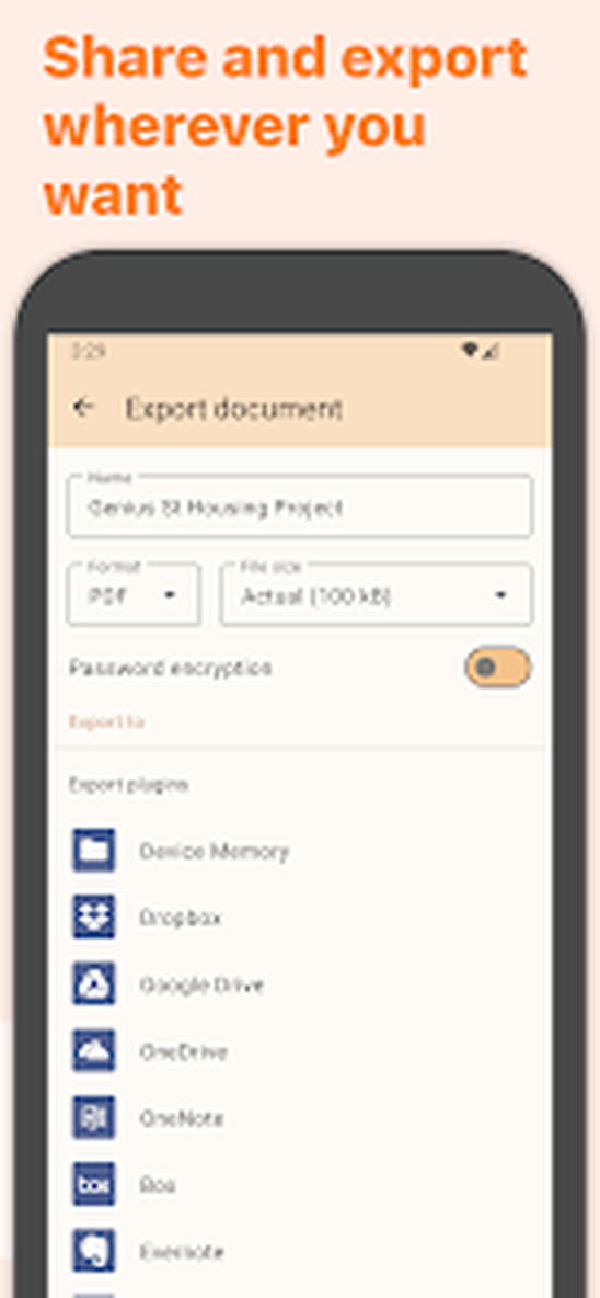 Экран экспорта PDF в Genius Scan