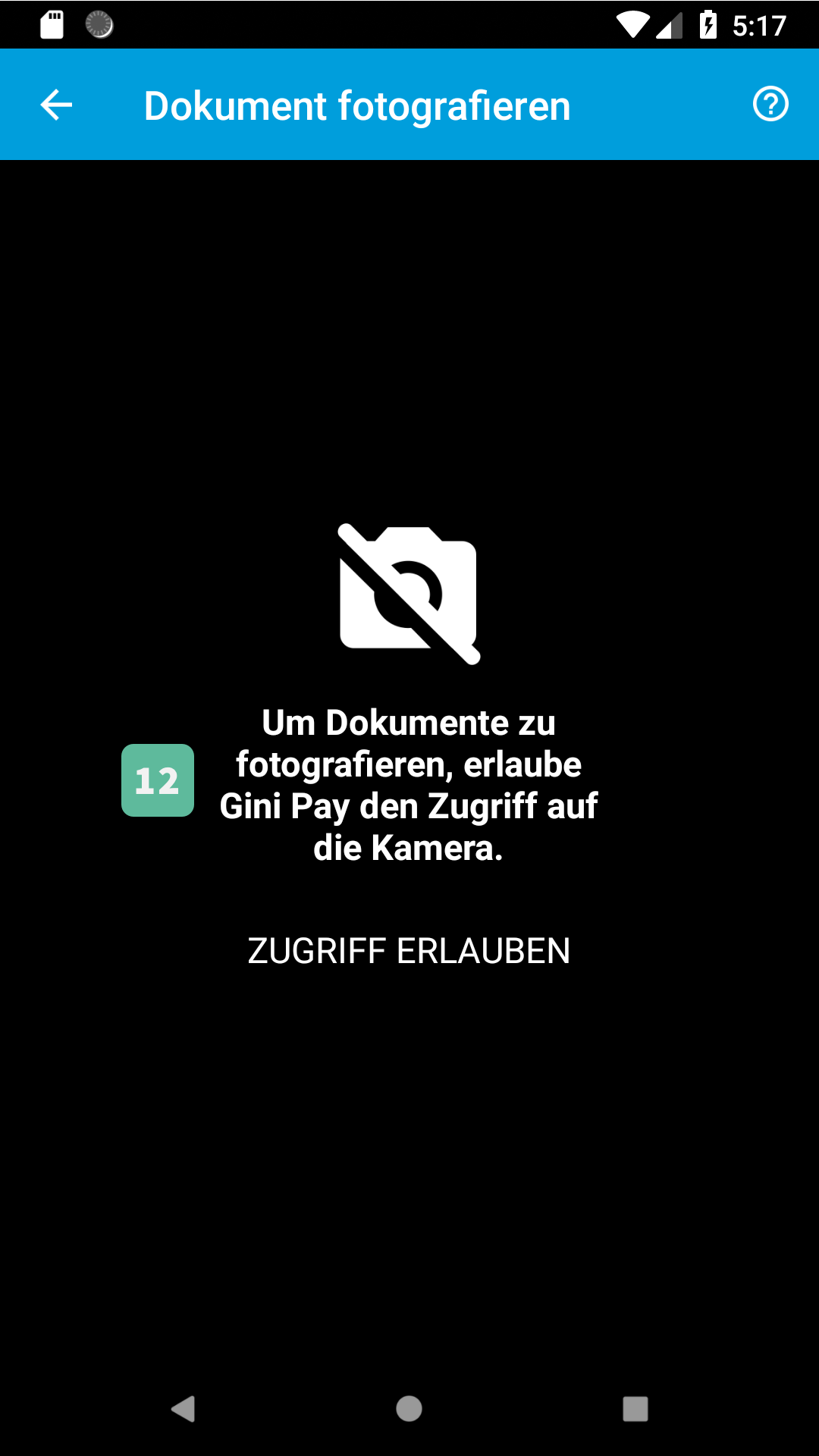 Экран Gini Capture SDK после отказа в разрешении камеры