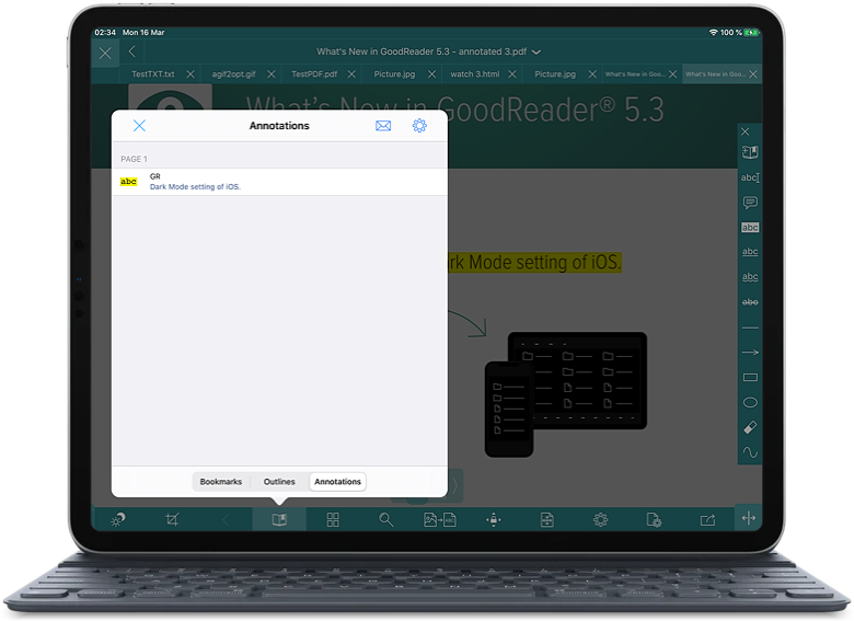 Панель аннотаций PDF в GoodReader