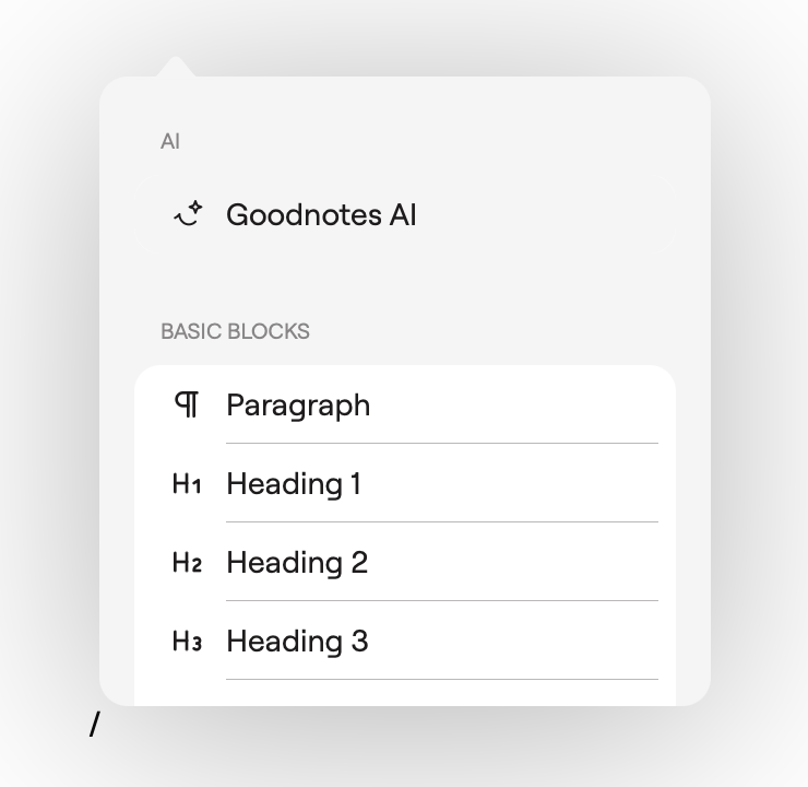 Меню блоков в текстовом документе Goodnotes