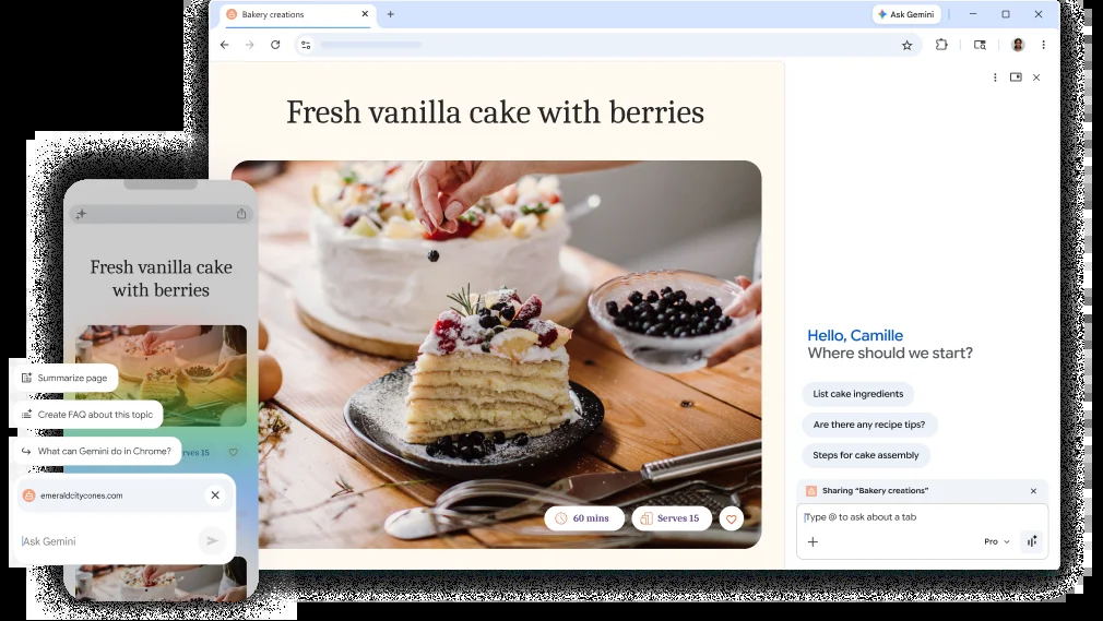 Окно Chrome с боковой панелью и несколькими областями интерфейса