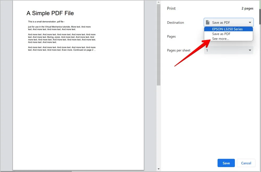 Предпросмотр печати Google Chrome с выбором назначения Сохранить как PDF