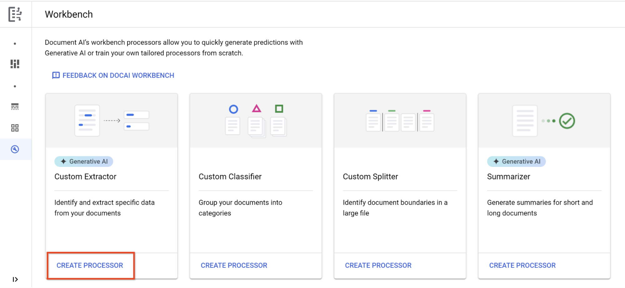 Workbench Google Cloud Document AI с карточками пользовательских процессоров