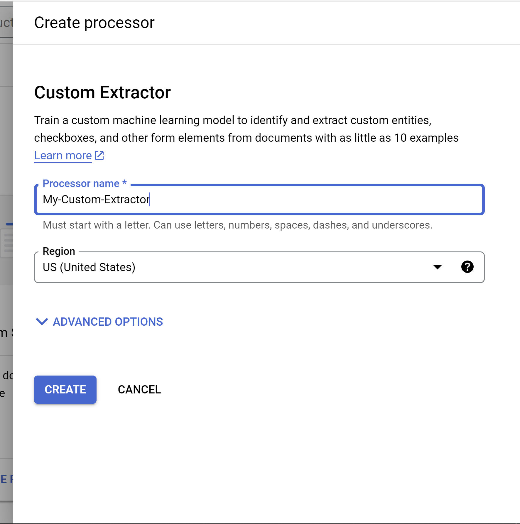 Диалог создания Custom Extractor с выбором имени и региона