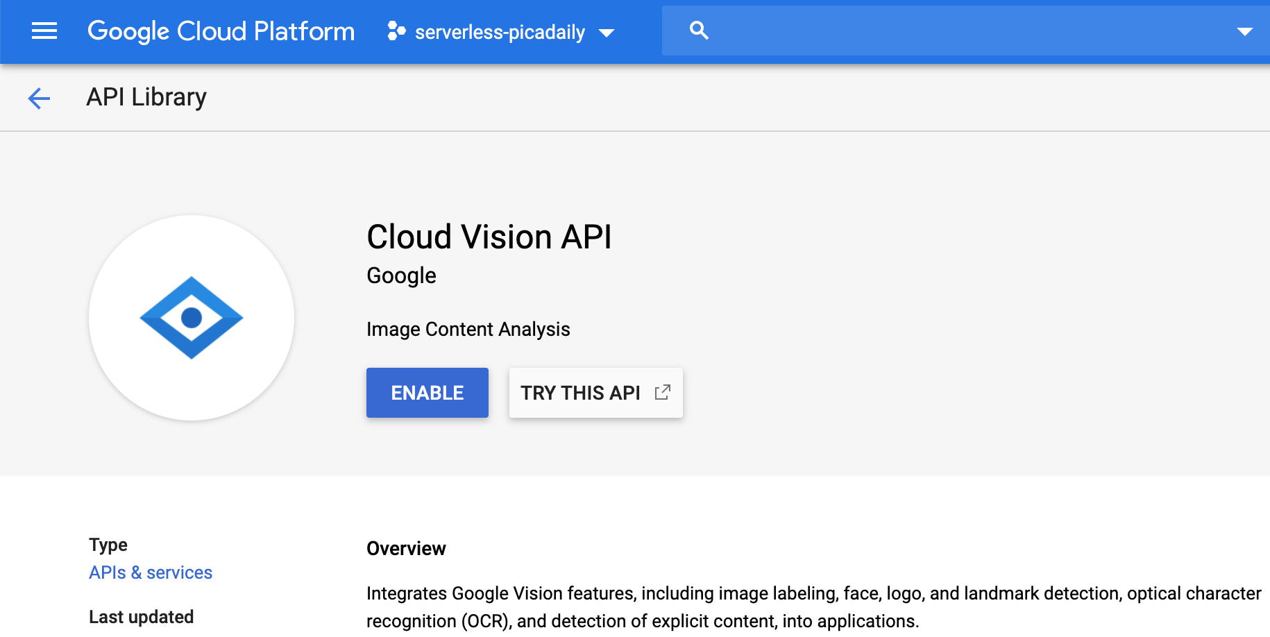Карточка Cloud Vision API с кнопкой включения