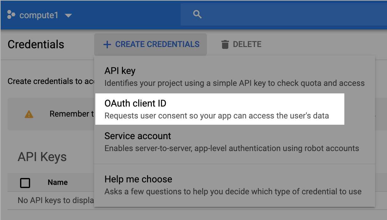 Меню создания учётных данных Google Cloud