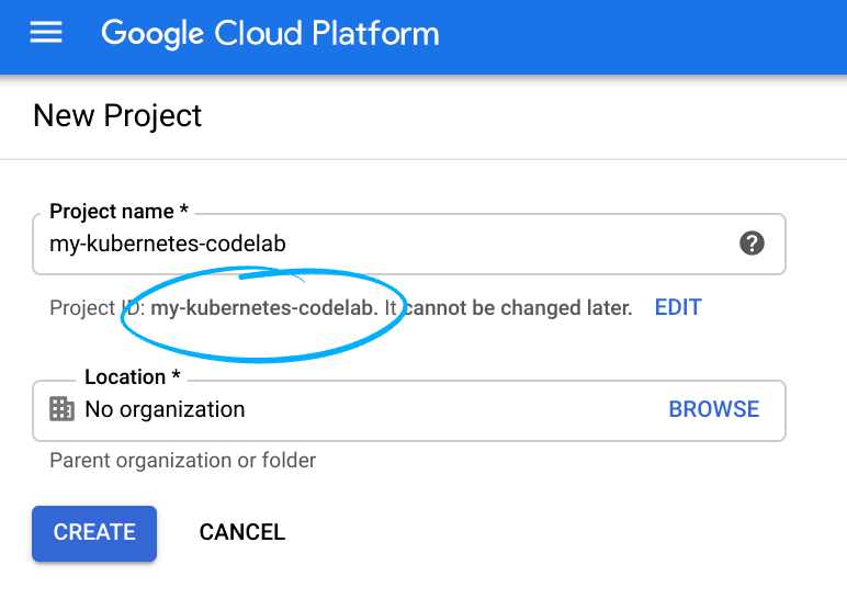 Форма создания проекта Google Cloud