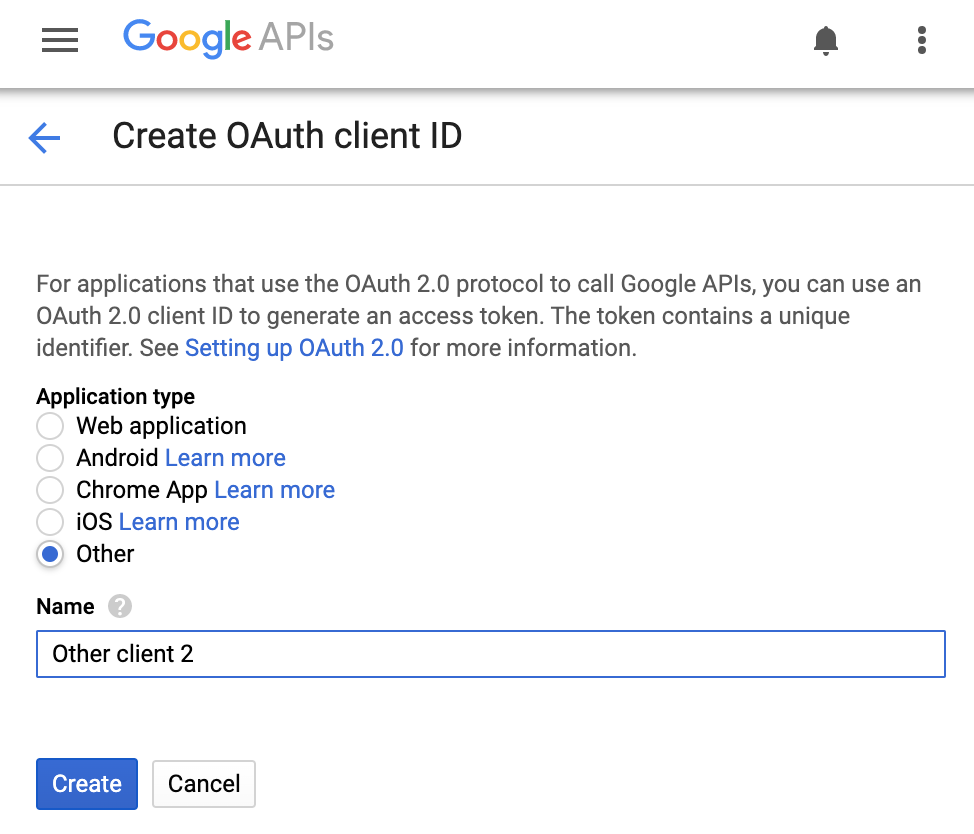Форма создания OAuth client ID