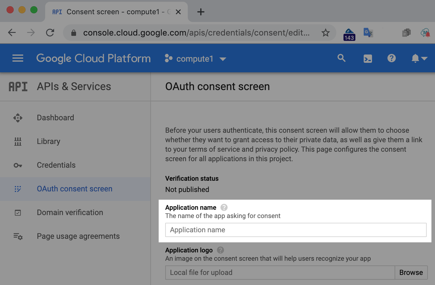 Настройка имени приложения на OAuth consent screen