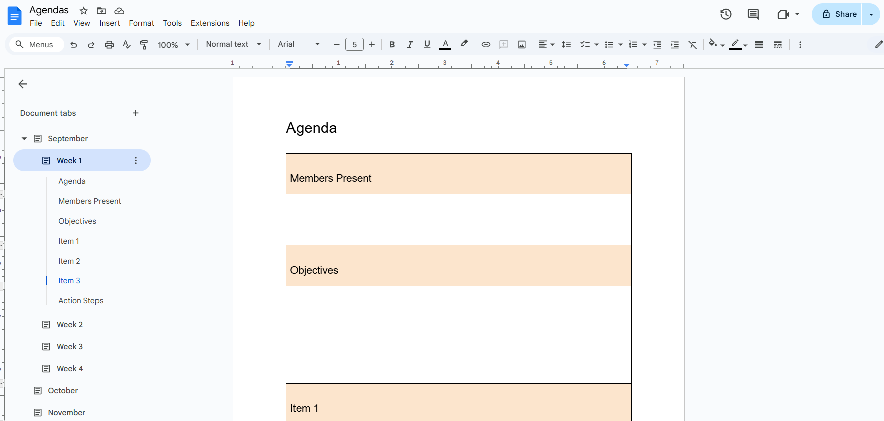 Повестка встречи, организованная вкладками Google Docs