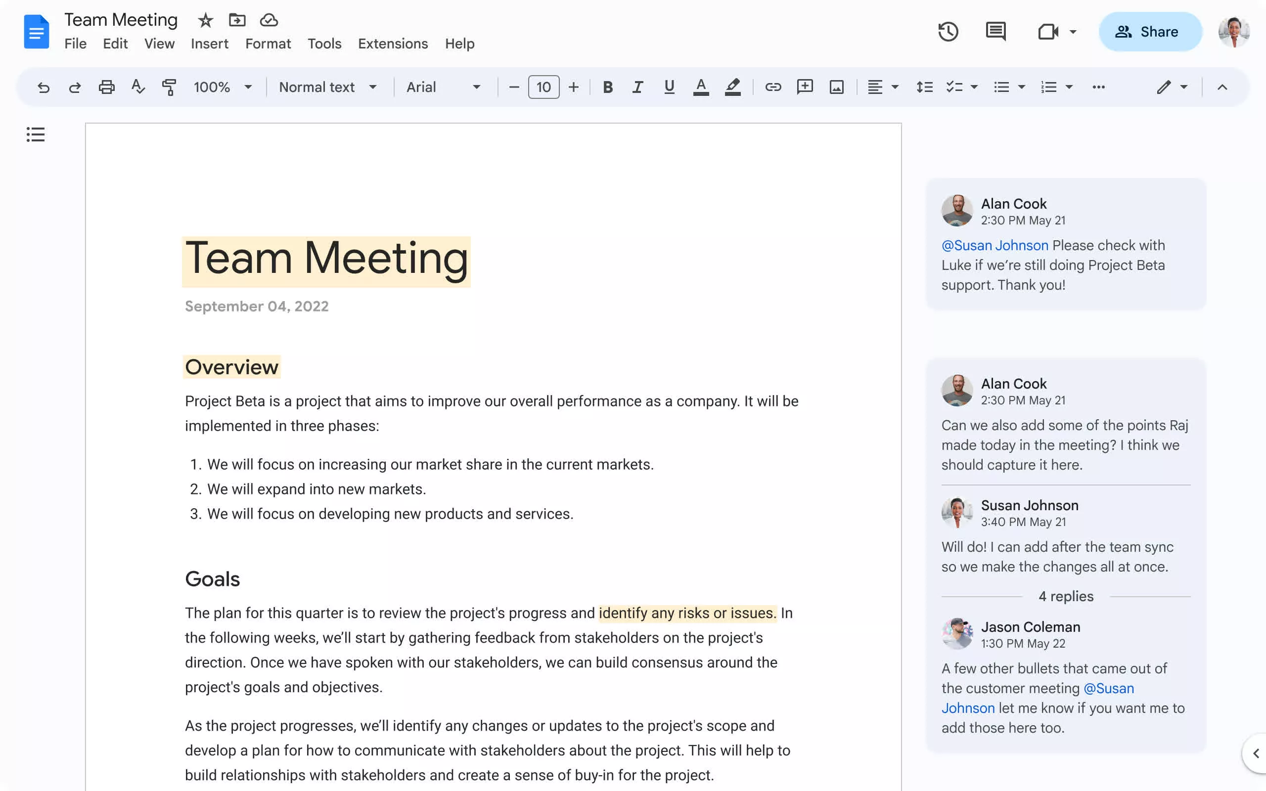 Документ Google Docs с панелью комментариев и современным интерфейсом