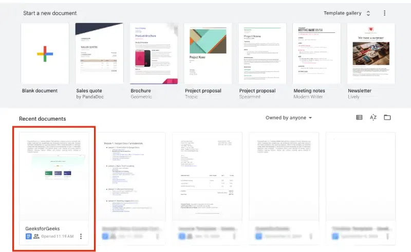 Главная страница Google Docs с шаблонами и недавними документами