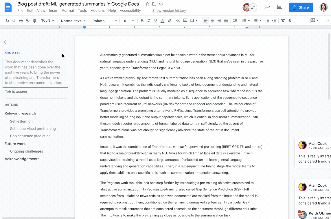 Автоматическое резюме документа в Google Docs