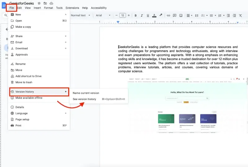 Команда открытия истории версий Google Docs