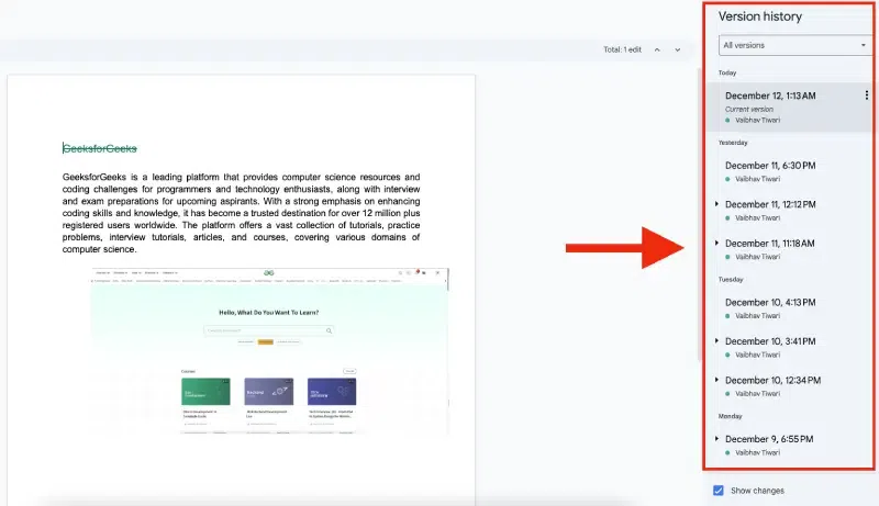Панель истории версий Google Docs