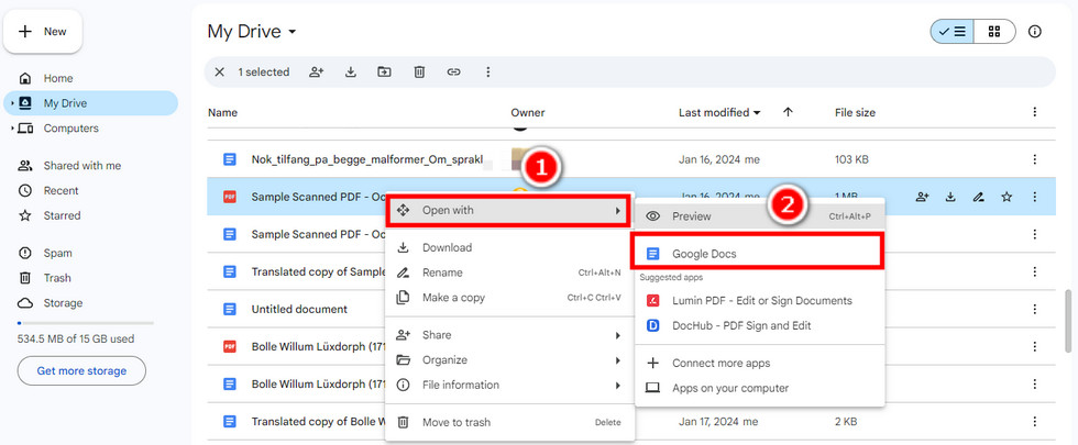 Команда открытия PDF через Google Docs в контекстном меню Drive