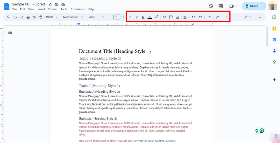 Редактирование распознанного текста PDF с помощью панели Google Docs