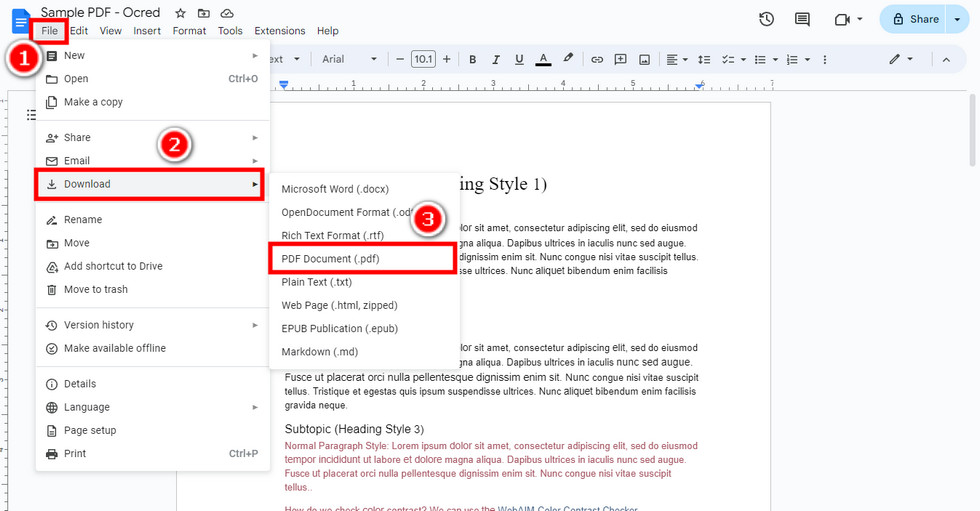 Команда загрузки документа Google Docs в формате PDF