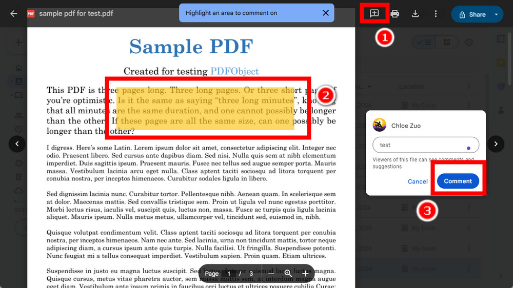 Добавление привязанного комментария к выделенной области PDF в Google Drive