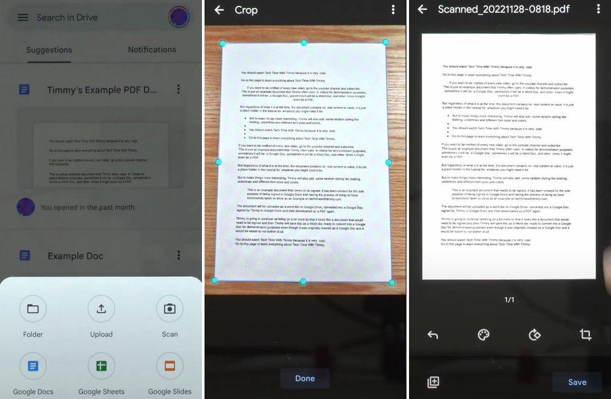 Сканирование, обрезка и сохранение бумажного документа в Google Drive