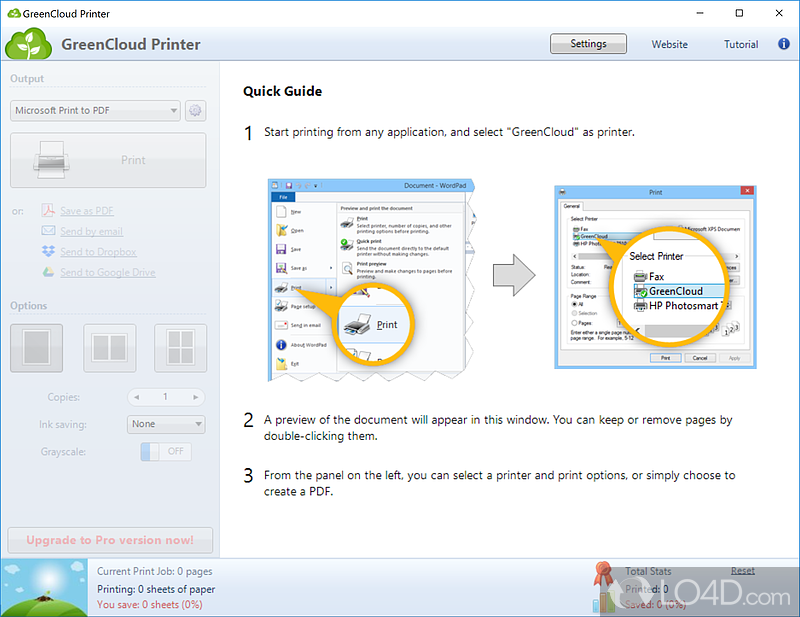 Главное окно GreenCloud Printer с краткой инструкцией