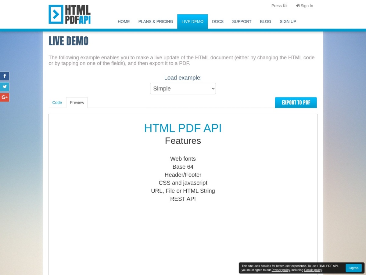 Интерфейс HTMLPDF API Live Demo с выбором примера, кодом и экспортом в PDF