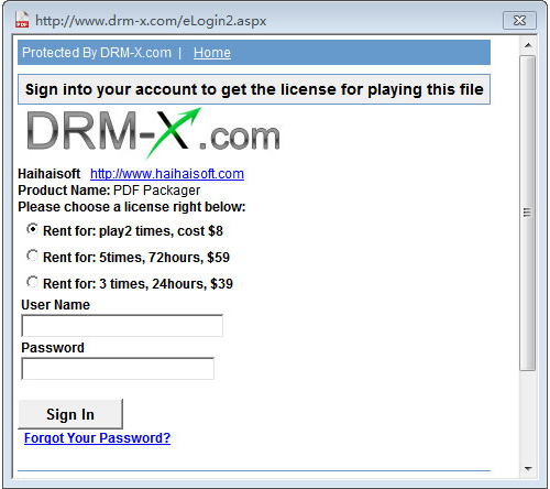 Окно получения лицензии для защищённого документа DRM-X
