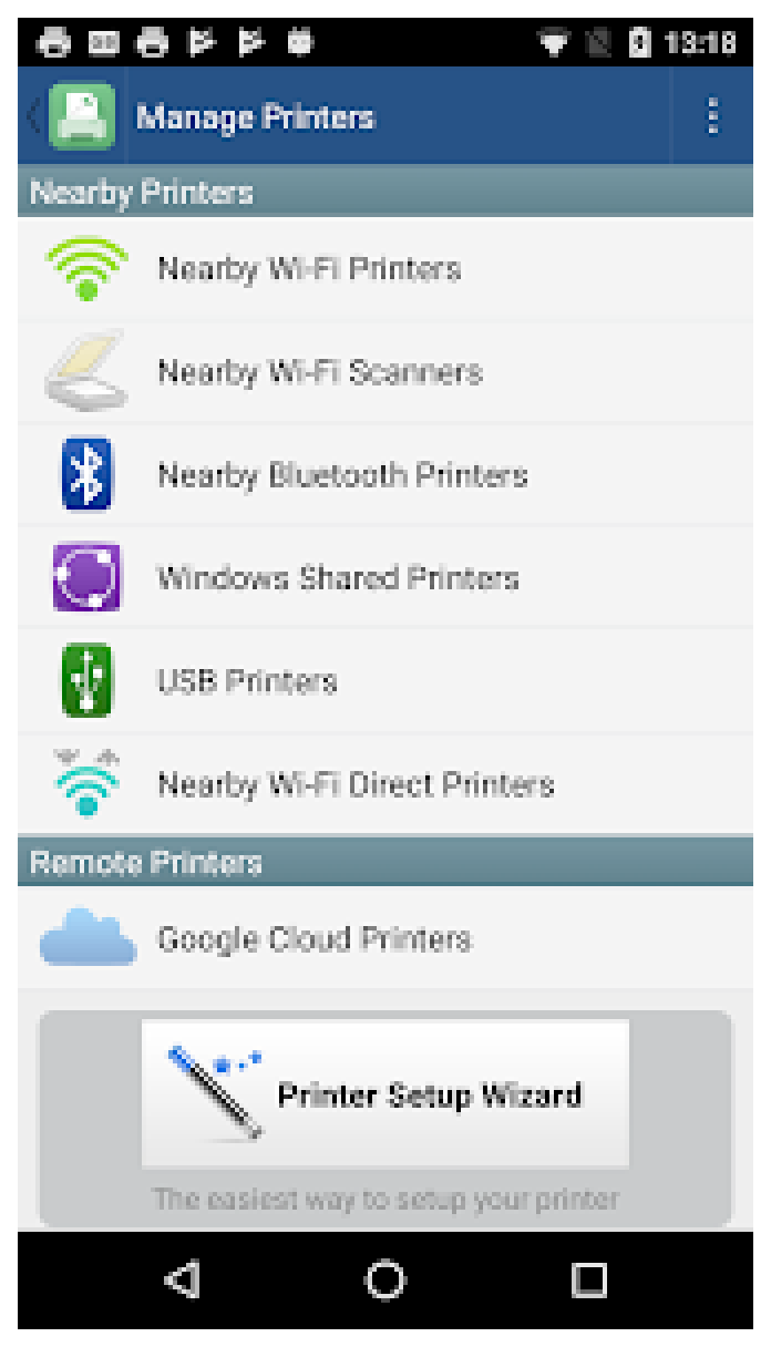 Экран Manage Printers с вариантами Wi-Fi, Bluetooth, USB и общих принтеров