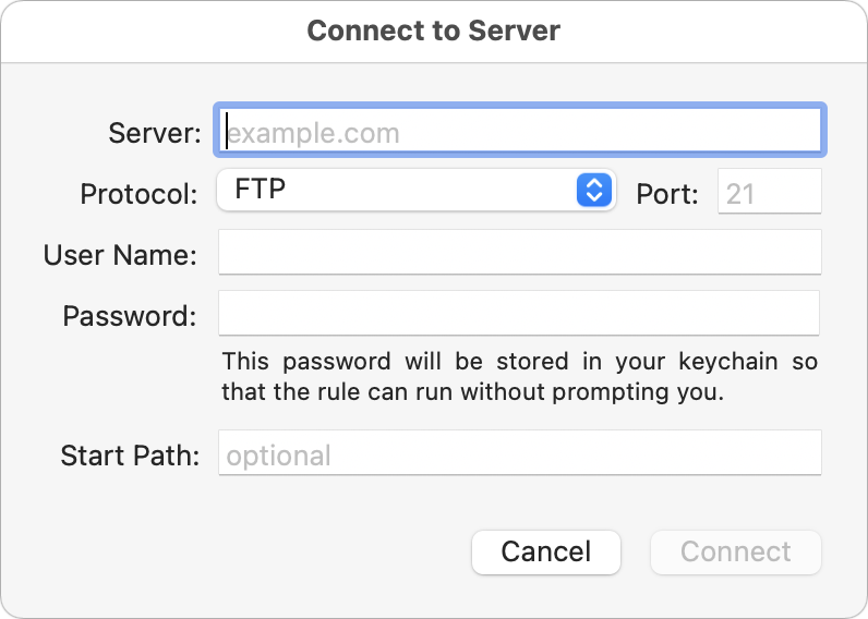 Окно подключения Hazel к FTP, SFTP или WebDAV