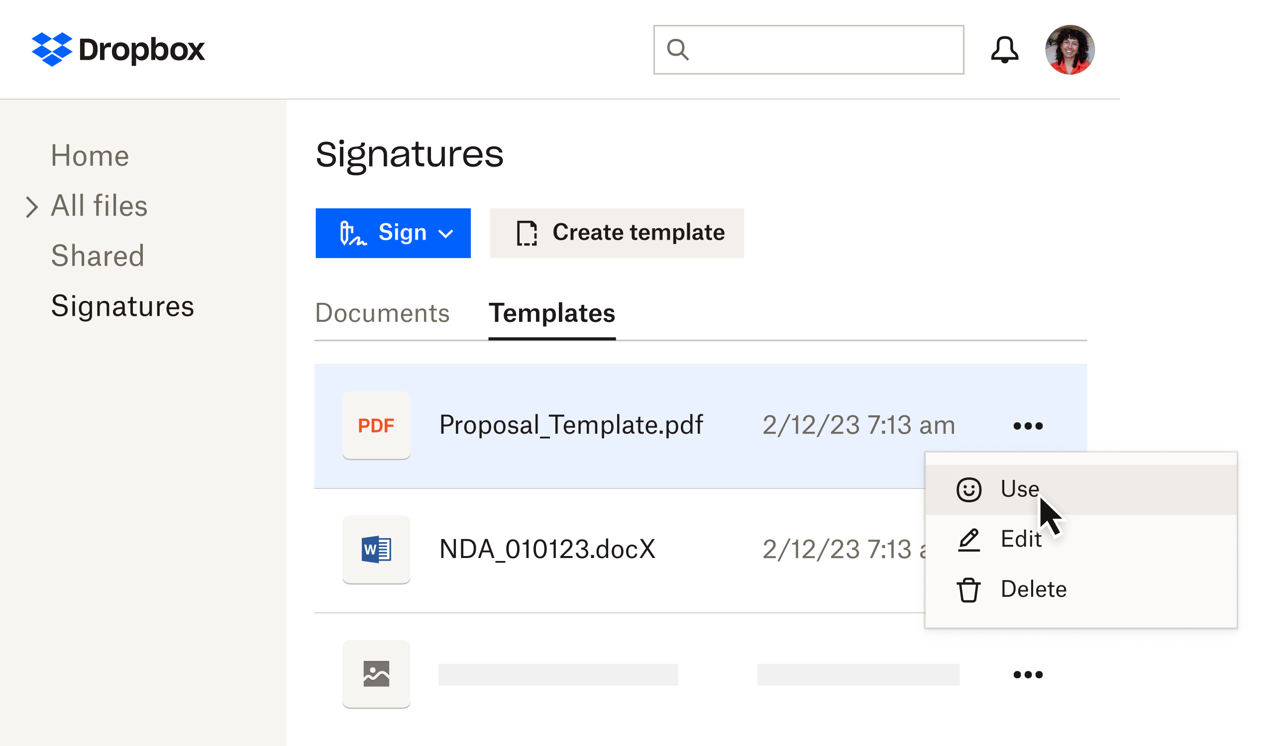 Шаблоны в интерфейсе Dropbox и меню действий