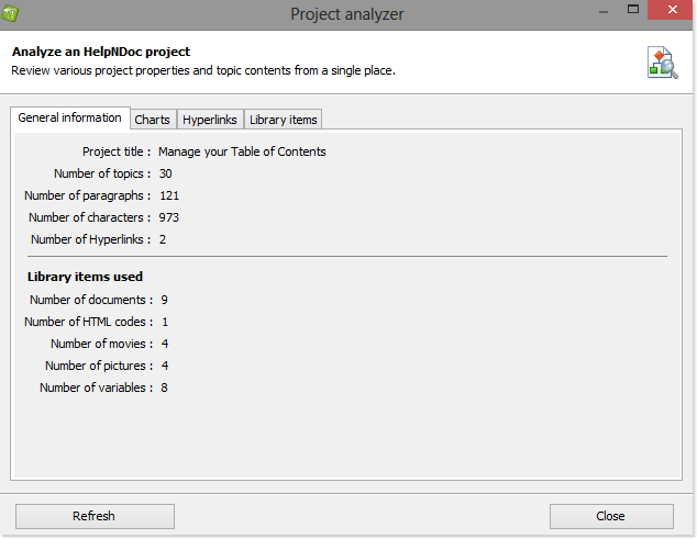 Интерфейс HelpNDoc: Project Analyzer: статистика и контроль качества