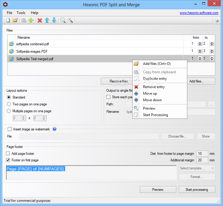 Контекстное меню списка файлов Hexonic PDF Split and Merge