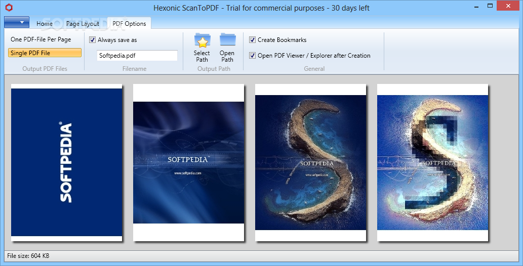 Вкладка PDF Options с режимом одного PDF, именем, папкой и созданием закладок