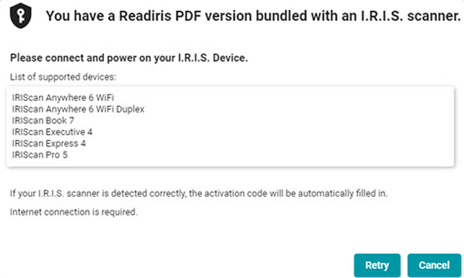 Активация Readiris PDF с помощью сканера I.R.I.S.