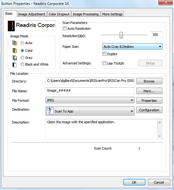 Свойства кнопки Scan to PDF в Button Manager