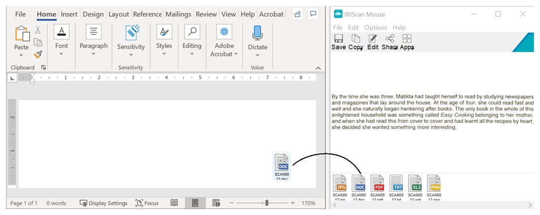 Перетаскивание результата IRIScan Mouse в Microsoft Word
